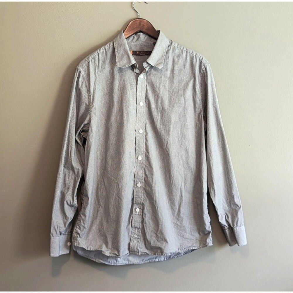 Ben Sherman Mens Large Gray Polka Dot Button Up Dress Shirt Lightweight L Gray